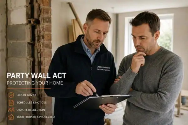 Party wall surveyor Hoyland discussing extension plans with homeowner outside a UK semi-detached house.